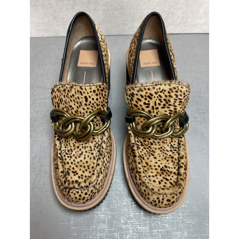 Dolce Vita Brenan Leopard Calf Hair Platform Wedge Loafers Gold Chain Size 8